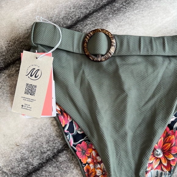 Maaji Pique Whitney High Rise High Leg Belted Pine Green Bikini Bottoms - Picture 2 of 7